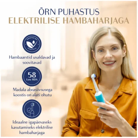 hambapasta-royal-denta-jeju-130g-elektilise hambaharjaga Naine elektrilise hambaharjaga.