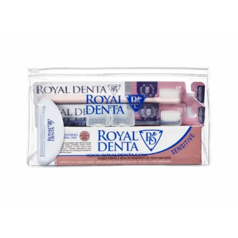 Royal Denta Sensitive Go komplekt - kaks hambaharja, 130g hambapasta, tuubi pigistaja ja hambaharjakorgid kosmeetikakotis