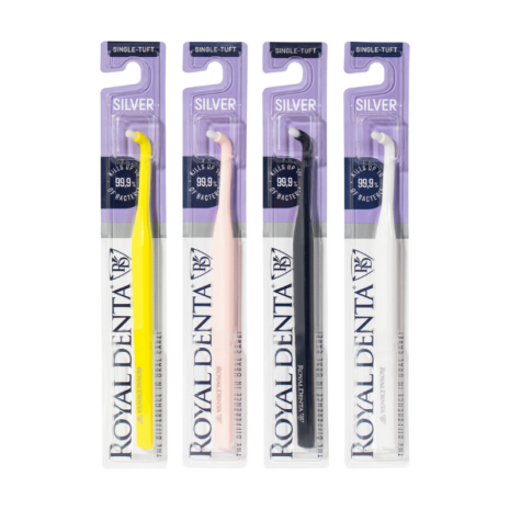 Royal Denta Single-Tuft valik Ühe hamba hari Royal Denta Soft Silver Single-Tuft, kollane, roosa, sinine ja valge