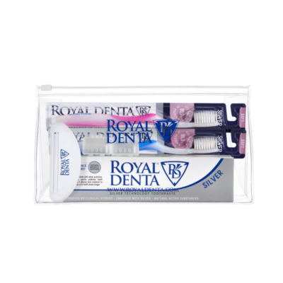 Royal Denta Silver GO komplekt - silver hambapasta, 2x hambaharjad, tuubi pigistaja, korgid, kosmeetikakott
