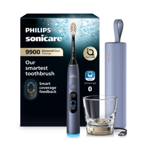 DiamondClean Diamond Clean Prestige 9900 Storm Blue (HX981398) (2) Philips Sonicare DiamondClean 9900 Prestige Storm Blue toothbrush set – packaging, toothbrush, charger and travel case
